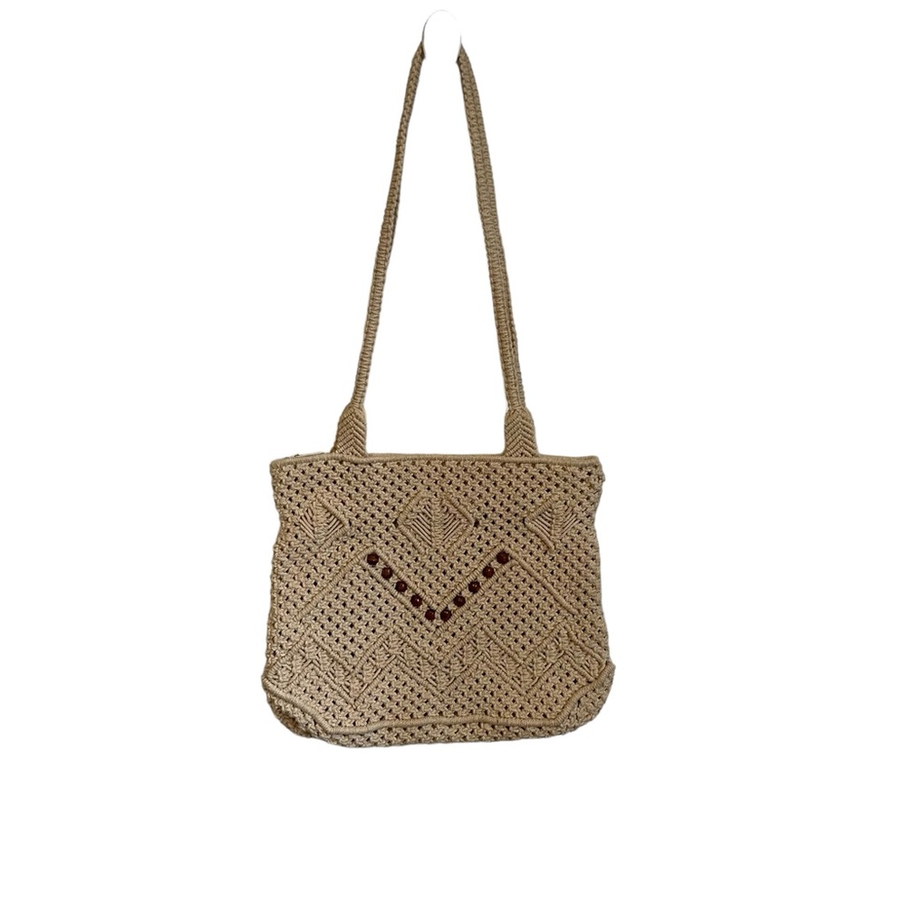 Vintage Macrame Woven Beaded Shoulder Bag - image 1